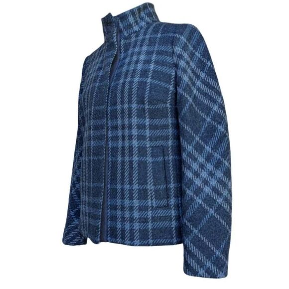Talbots Blue Gray Plaid Blazer Coat Jacket Wool Pockets Mock Neck Snaps Size 6 - Picture 2 of 9